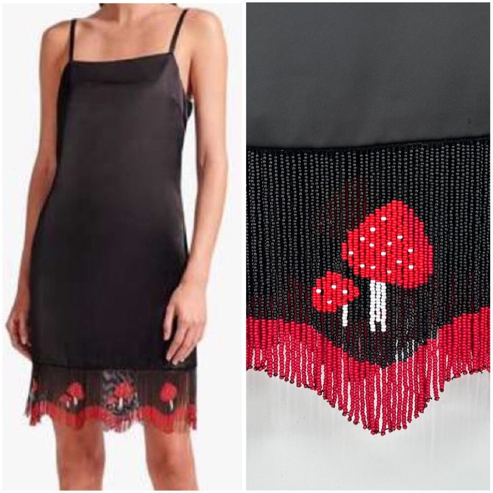 STAUD Jour Slip Dress Mushroom Fringe Beaded Trim Square Neck Mini Satin, Black